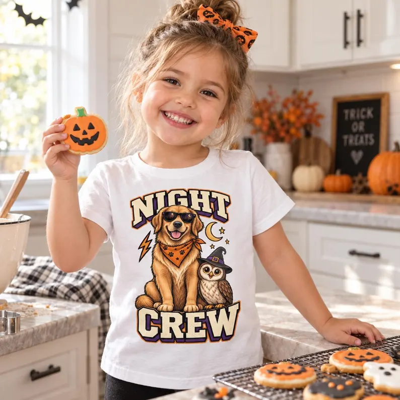 Toddler Halloween Shirt – Night Crew Dog and Owl Cute Kids Graphic Tee