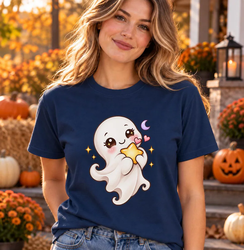 Cute Ghost Halloween Shirt – Celestial Kawaii Moon & Star Graphic Tee