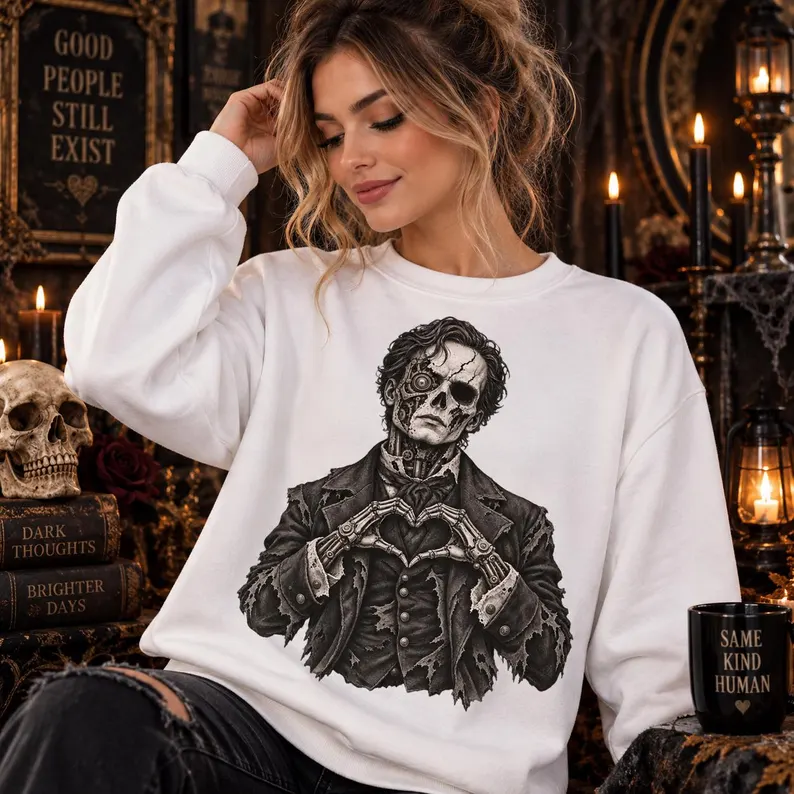 Gothic Skeleton Sweatshirt – Skull Heart Hands Halloween Crewneck