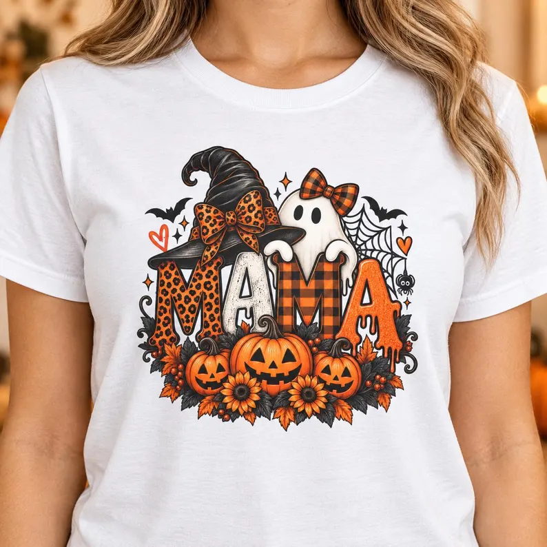 Halloween Mama Shirt – Cute Ghost Pumpkin Mom Graphic Tee