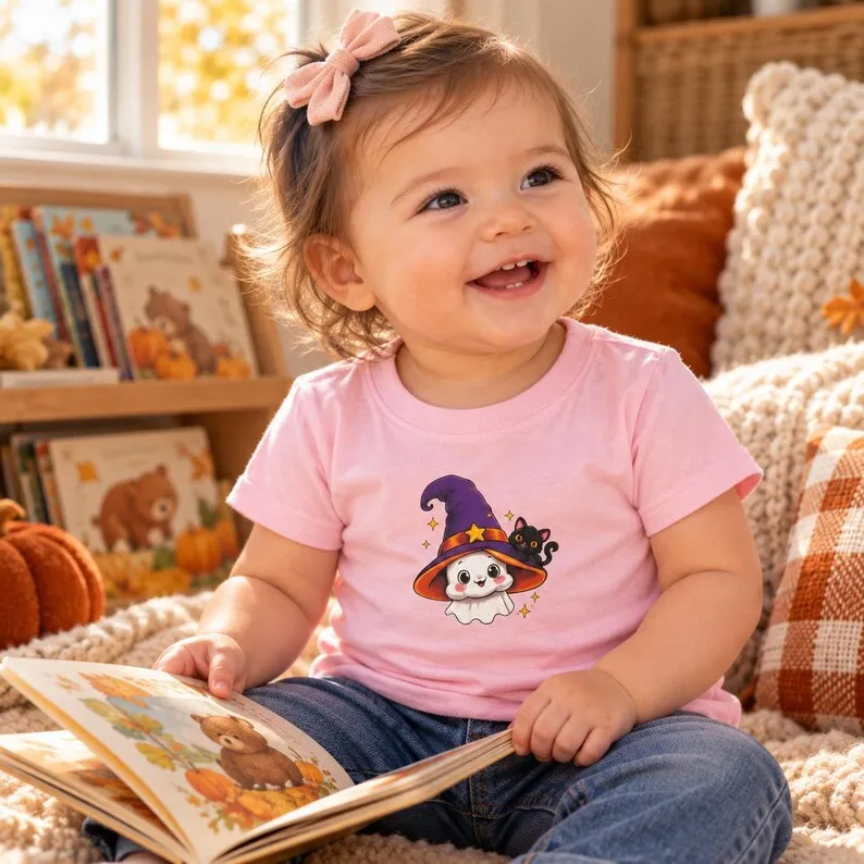Toddler Halloween Shirt – Cute Ghost Witch Hat Black Cat Kids Graphic Tee