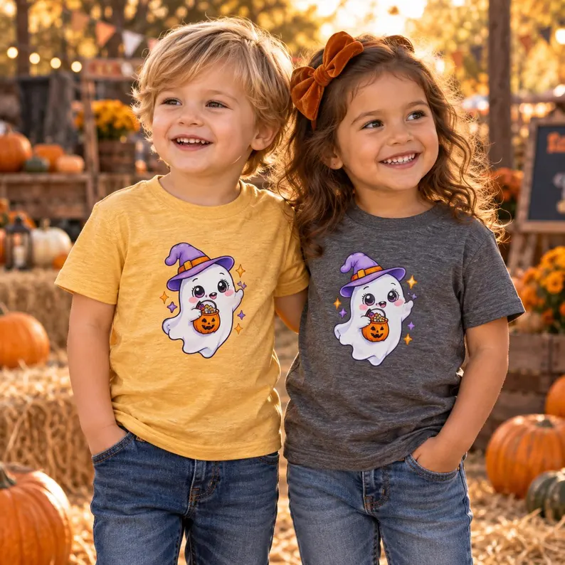 Kids Halloween Ghost Shirt – Cute Witch Hat & Pumpkin Graphic Tee
