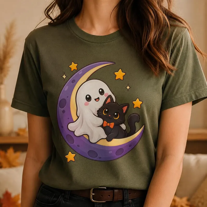 Ghost Cat Shirt – Black Cat & Cute Ghost Halloween Graphic Tee