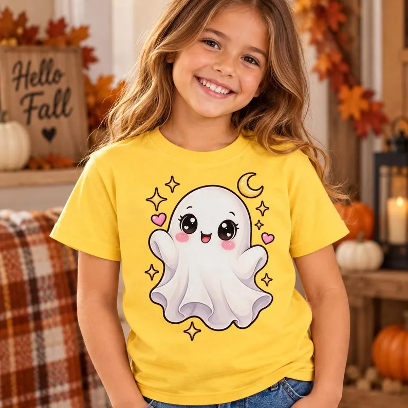 Cute Ghost Kids Halloween Shirt – Moon Stars Heart Tee