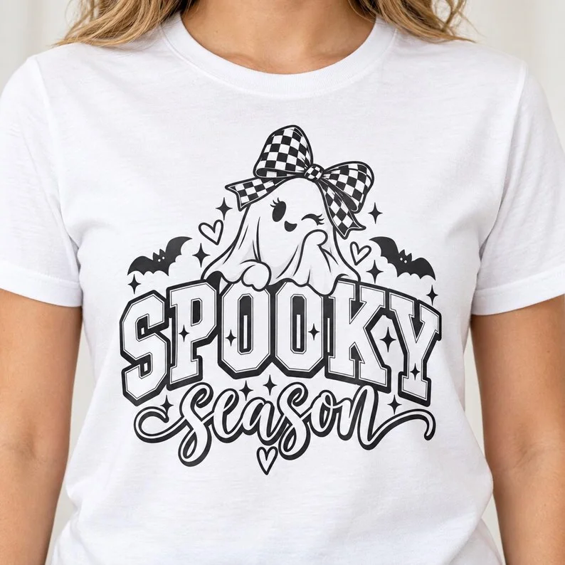 Spooky Season Shirt – Cute Ghost Checkered Bow Halloween Tee