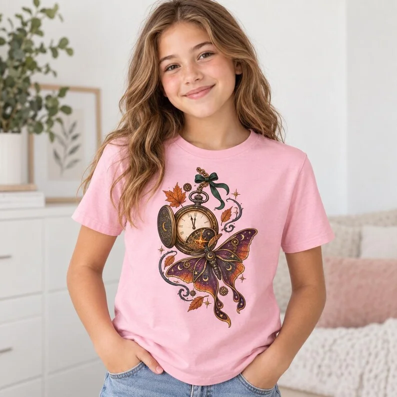 Steampunk Pocket Watch Youth T-Shirt – Ornate Moth & Autumn Fantasy Graphic Tee