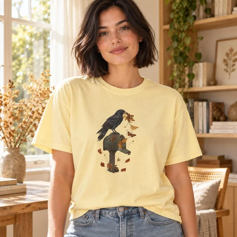 Raven on Mailbox T-Shirt – Vintage Bird Graphic Tee with Autumn Leaves
