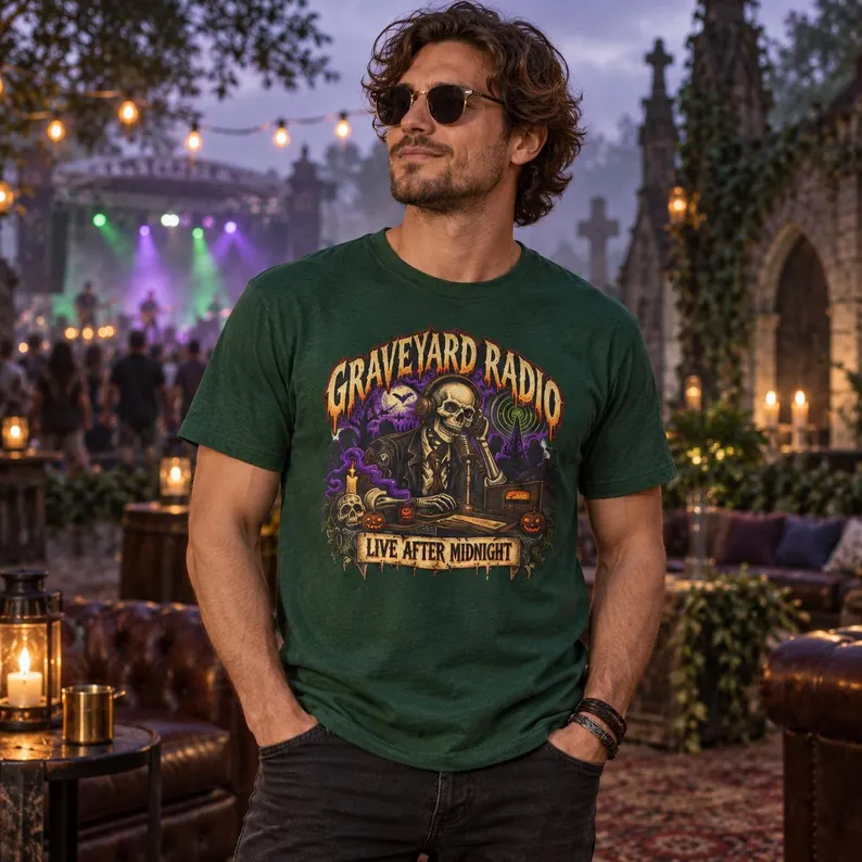 Graveyard Radio Shirt – Skeleton DJ Vintage Gothic Halloween Tee