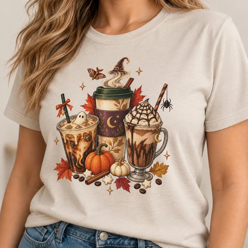 Pumpkin Spice Coffee Trio T-Shirt – Cozy Fall Drinks Graphic Tee