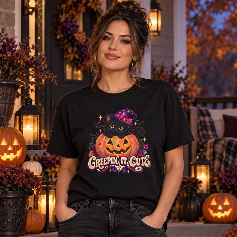 Creepin’ It Cute Halloween Shirt – Black Cat Pumpkin Graphic Tee
