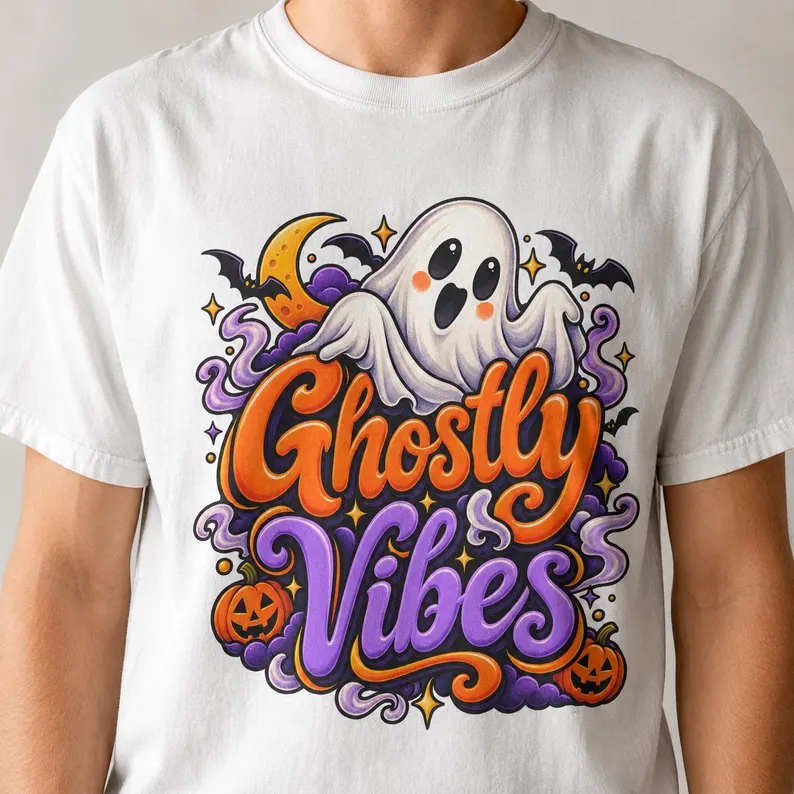 Ghost T Shirt – Ghostly Vibes Vintage Halloween Shirt with Cute Retro Ghost