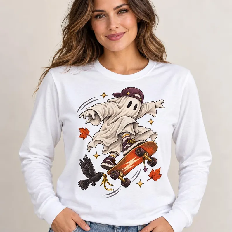 Skateboarding Ghost Long Sleeve T-Shirt – Halloween Skate Graphic Tee