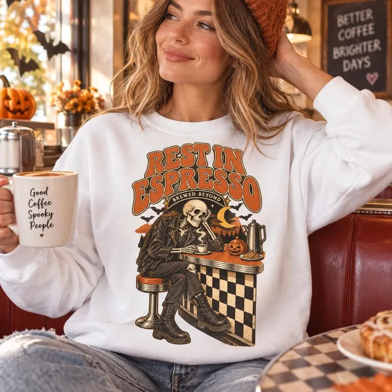Rest in Espresso Sweatshirt – Skeleton Coffee Diner Retro Halloween Crewneck