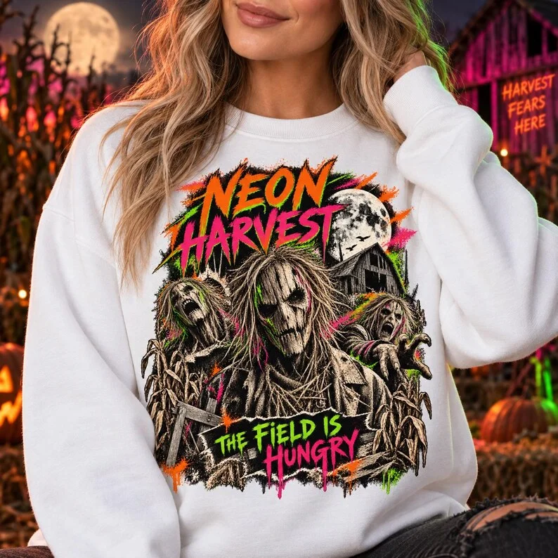 Neon Harvest Scarecrow Sweatshirt – Retro Horror Halloween Crewneck