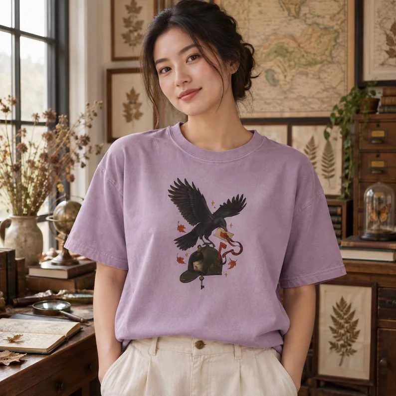 Raven Ranger Hat T-Shirt – Vintage Bird Graphic Tee with Autumn Leaves