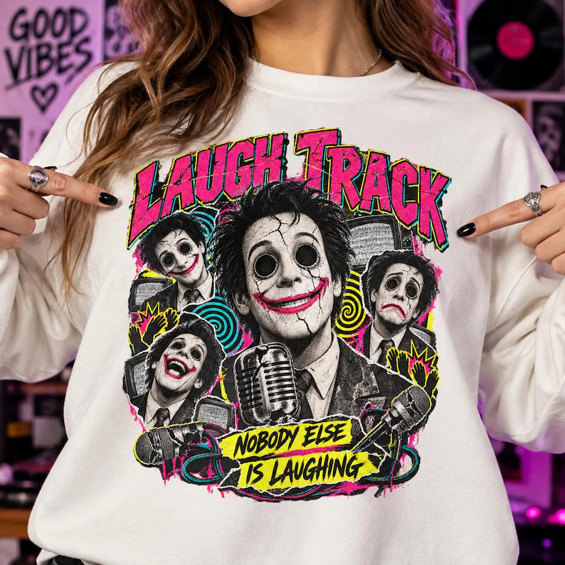 Laugh Track Horror Sweatshirt – Retro Creepy Clown Halloween Crewneck