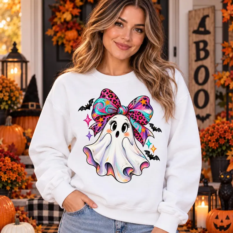 Cute Ghost Halloween Sweatshirt – Colorful Bow Coquette Crewneck