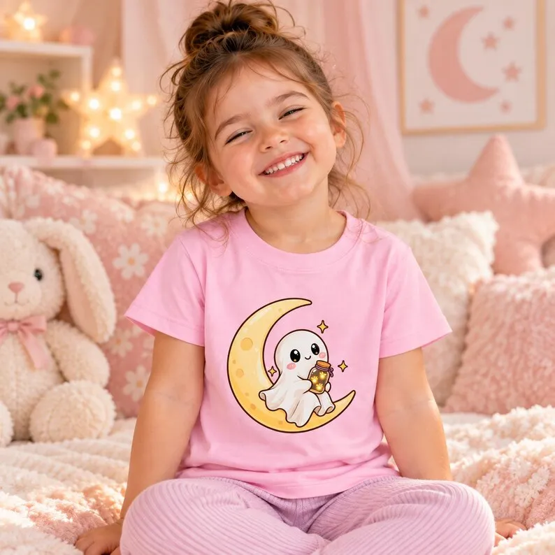 Toddler Halloween Shirt – Cute Ghost Crescent Moon Firefly Kids Graphic Tee