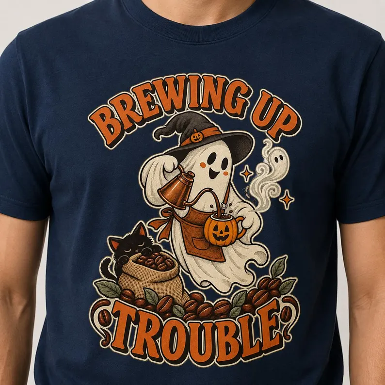 Coffee T Shirt – Brewing Up Trouble Ghost Halloween Tee