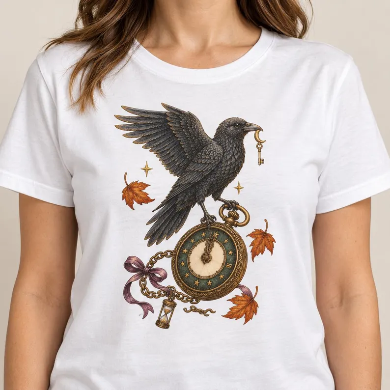 Raven Pocket Watch T-Shirt – Gothic Autumn Crow & Antique Key Graphic Tee