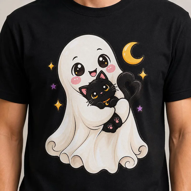 Cute Ghost T Shirt – Black Cat Crescent Moon Halloween Graphic Tee