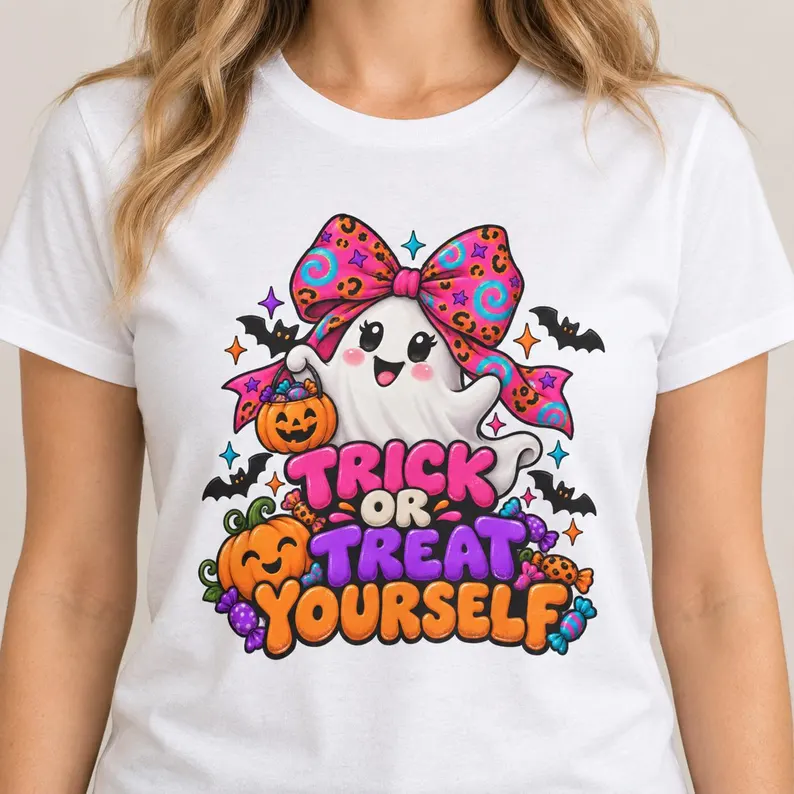 Trick or Treat Yourself Halloween T-Shirt – Cute Ghost & Pumpkin Graphic Tee