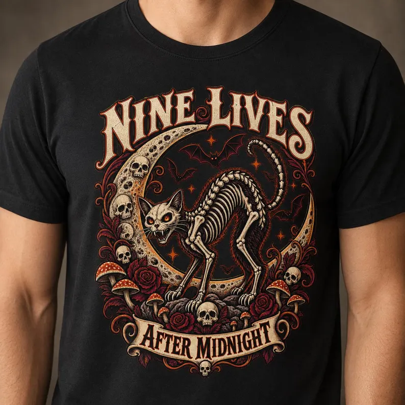Vintage Cat Shirt – Skeleton Black Cat Halloween Graphic Tee