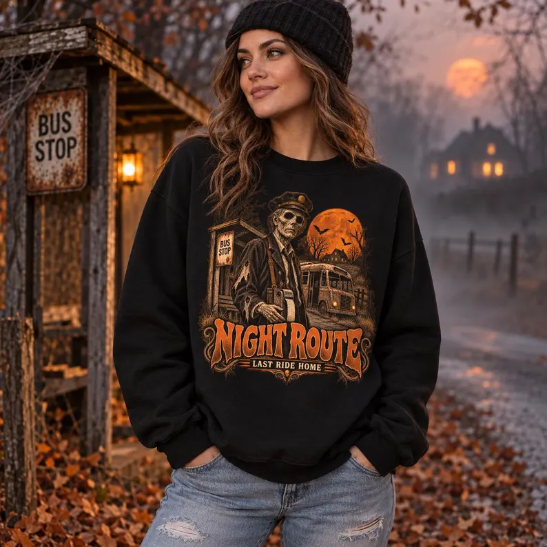 Night Route Horror Sweatshirt – Haunted Motel Vintage Halloween Crewneck