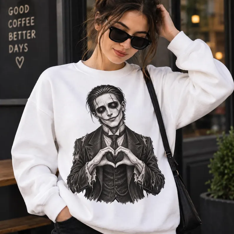 Gothic Clown Sweatshirt – Heart Hands Creepy Horror Portrait Crewneck