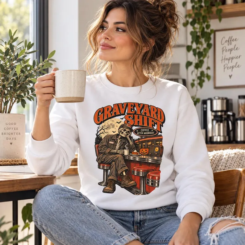 Graveyard Shift Sweatshirt – Skeleton Coffee Diner Retro Halloween Crewneck
