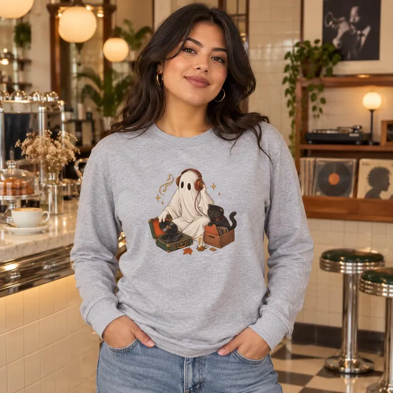 Music Ghost Halloween Long Sleeve Shirt – Vinyl Record & Black Cat Graphic Tee