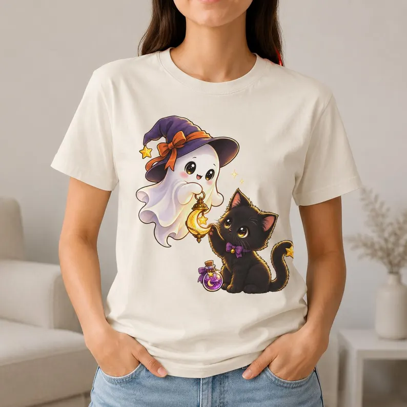 Ghost Cat Shirt – Cute Witch Ghost & Black Cat Halloween Tee