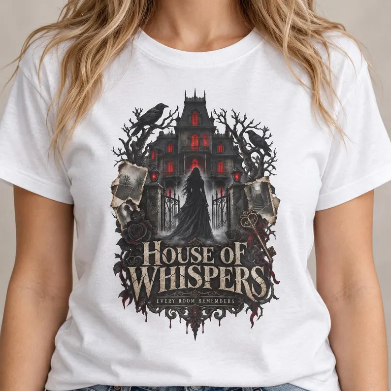 House of Whispers Gothic T-Shirt – Haunted House Skull Halloween Tee