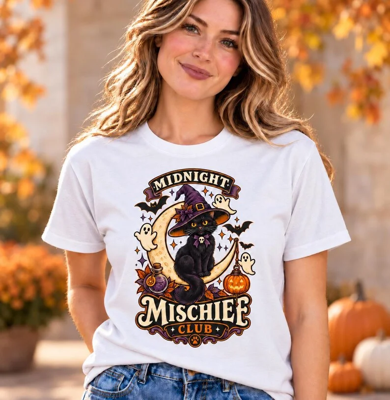 Black Cat Shirt – Midnight Mischief Vintage Halloween Tee