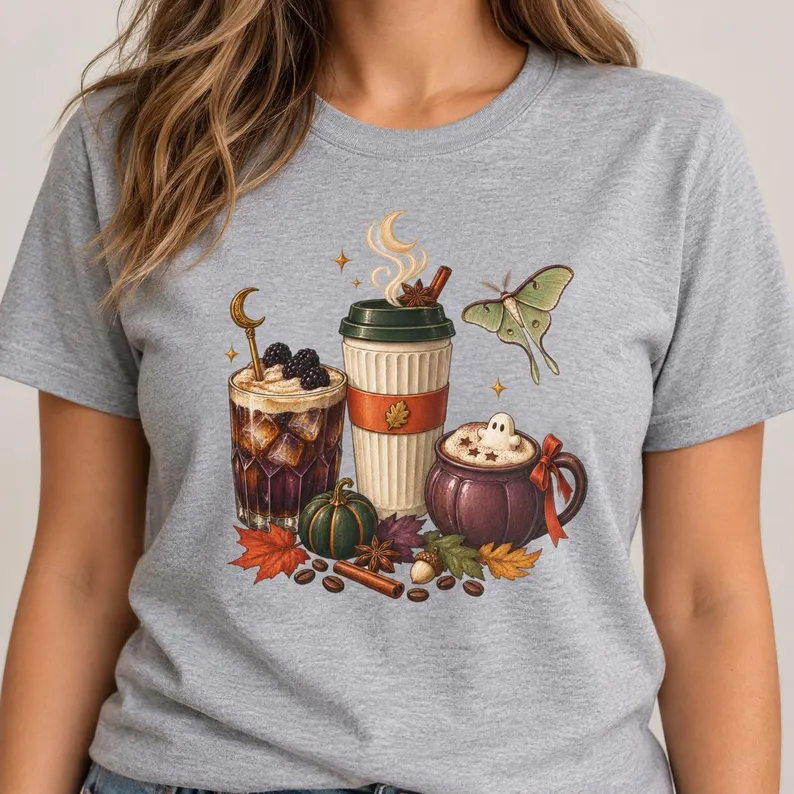 Fall Coffee T-Shirt – Pumpkin Spice Autumn Graphic Tee with Moon & Luna Moth