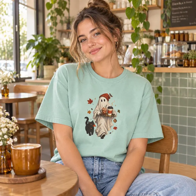 Cozy Ghost and Black Cat Boxy T-Shirt – Cute Halloween Fall Graphic Tee