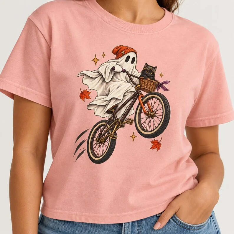 Ghost on Bicycle Halloween T-Shirt – Cute Fall Graphic Tee