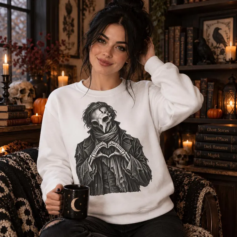 Plague Doctor Gothic Sweatshirt – Beaked Mask Heart Hands Horror Crewneck