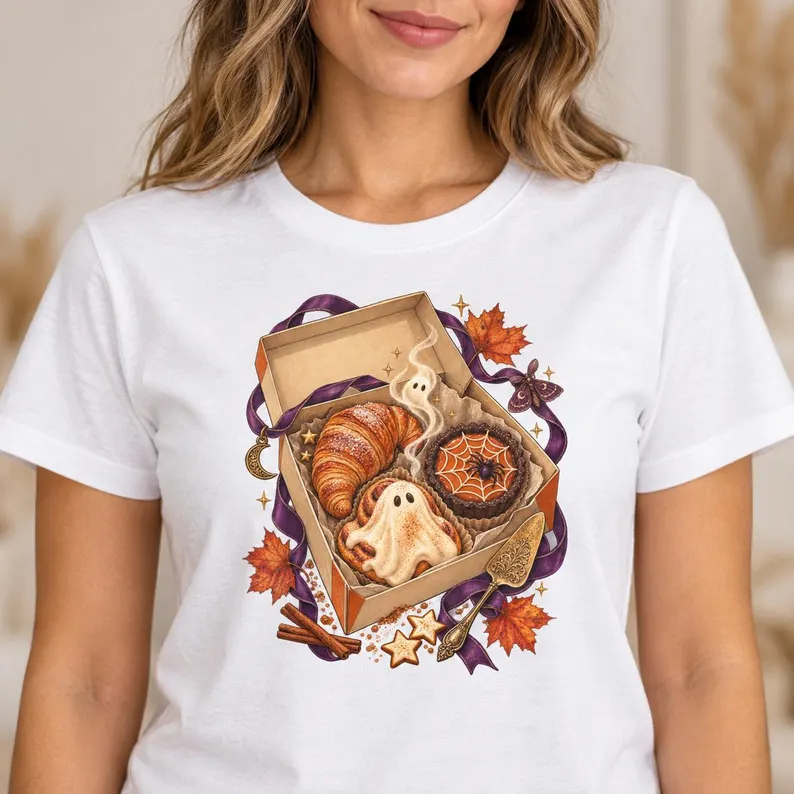 Autumn Bakery Box Youth T-Shirt – Pumpkin Pie & Ghost Cookie Fall Graphic Tee