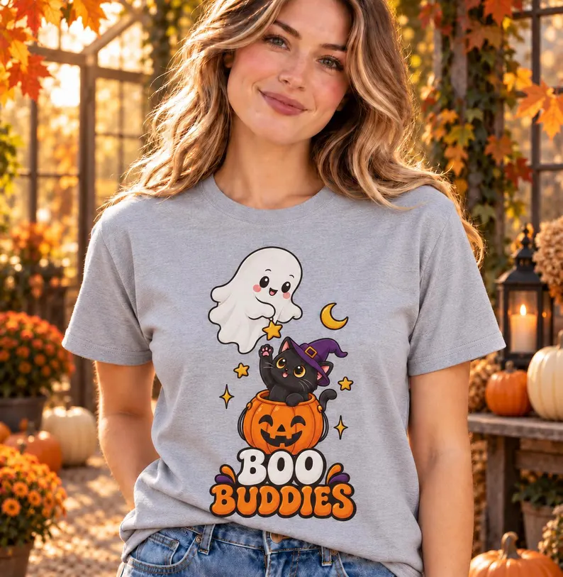 Ghost Cat Shirt – Boo Buddies Cute Halloween Pumpkin Tee