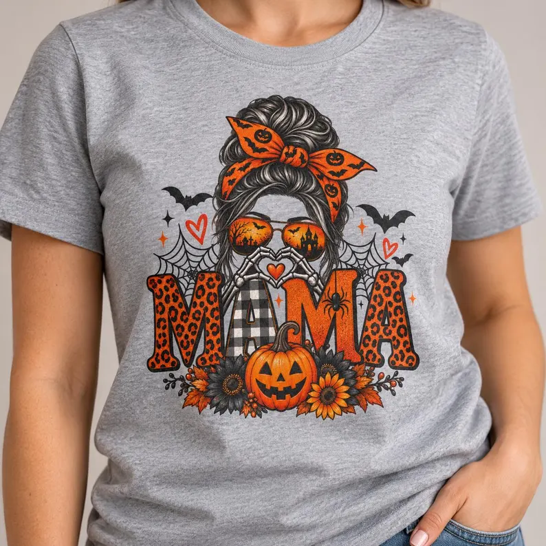 Skull Mama Shirt – Messy Bun Halloween Mom Graphic Tee