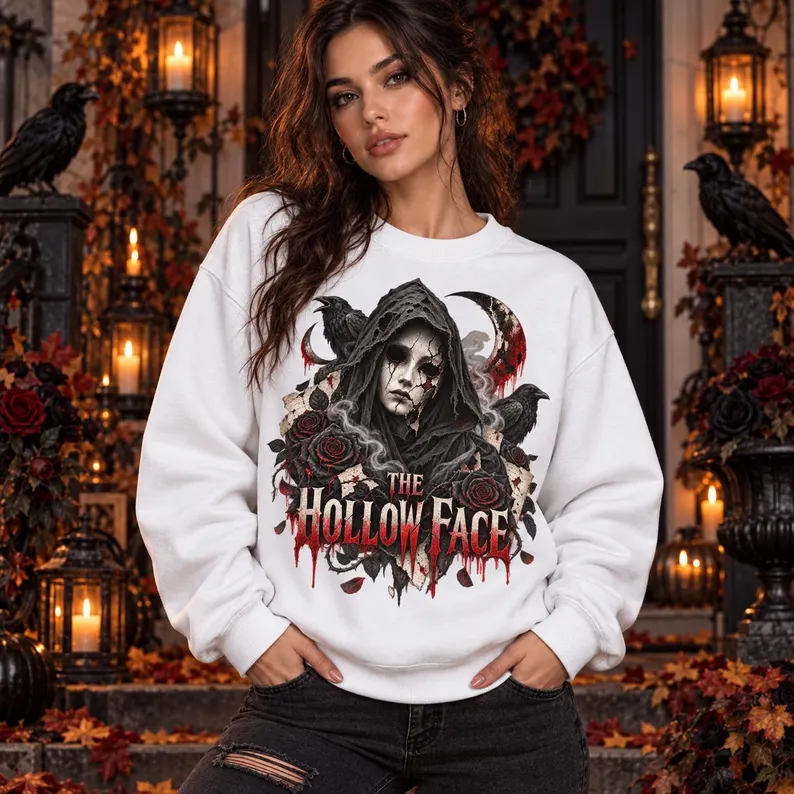The Hollow Face Gothic Sweatshirt – Hooded Figure Ravens Horror Crewneck