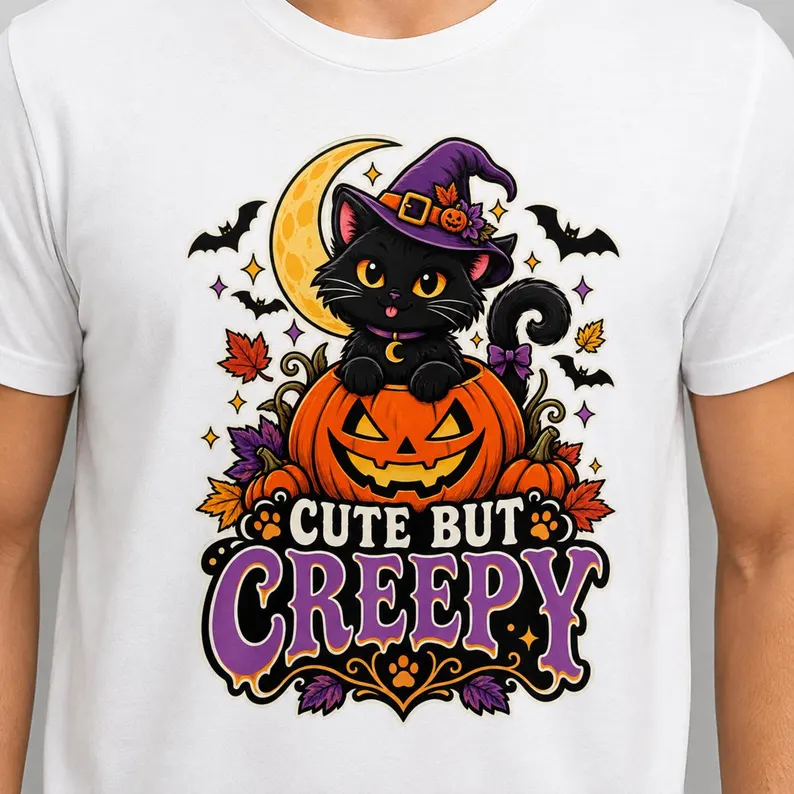 Cute But Creepy Cat Graphic Tee – Witchy Black Cat Pumpkin Halloween Shirt