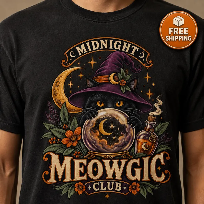 Black Cat Shirt – Witchy Halloween Crystal Ball Graphic Tee